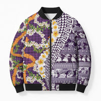 Hawaiian Plumeria Lei Bomber Puffer Jacket Kakau Motifs and Palaka Half Style Purple Color LT03 Unisex Purple - Polynesian Pride