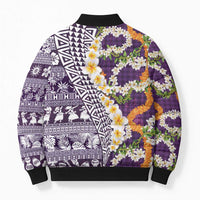 Hawaiian Plumeria Lei Bomber Puffer Jacket Kakau Motifs and Palaka Half Style Purple Color LT03 - Polynesian Pride