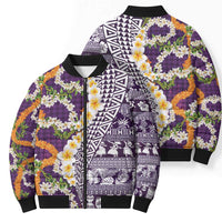 Hawaiian Plumeria Lei Bomber Puffer Jacket Kakau Motifs and Palaka Half Style Purple Color LT03 - Polynesian Pride