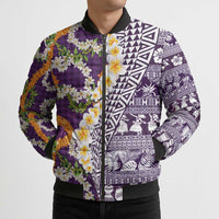 Hawaiian Plumeria Lei Bomber Puffer Jacket Kakau Motifs and Palaka Half Style Purple Color LT03 - Polynesian Pride