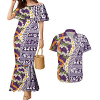 Hawaiian Plumeria Lei Couples Matching Mermaid Dress and Hawaiian Shirt Kakau Motifs and Palaka Half Style Purple Color LT03 Purple - Polynesian Pride