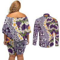 Hawaiian Plumeria Lei Couples Matching Off Shoulder Short Dress and Long Sleeve Button Shirt Kakau Motifs and Palaka Half Style Purple Color LT03 - Polynesian Pride