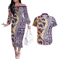 Hawaiian Plumeria Lei Couples Matching Off The Shoulder Long Sleeve Dress and Hawaiian Shirt Kakau Motifs and Palaka Half Style Purple Color LT03 Purple - Polynesian Pride