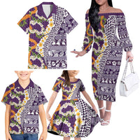 Hawaiian Plumeria Lei Family Matching Off The Shoulder Long Sleeve Dress and Hawaiian Shirt Kakau Motifs and Palaka Half Style Purple Color LT03 - Polynesian Pride