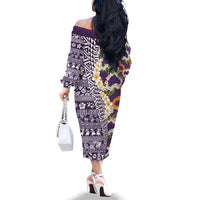 Hawaiian Plumeria Lei Family Matching Off The Shoulder Long Sleeve Dress and Hawaiian Shirt Kakau Motifs and Palaka Half Style Purple Color LT03 - Polynesian Pride
