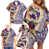 Hawaiian Plumeria Lei Family Matching Off Shoulder Short Dress and Hawaiian Shirt Kakau Motifs and Palaka Half Style Purple Color LT03 - Polynesian Pride