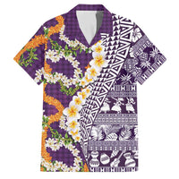 Hawaiian Plumeria Lei Family Matching Off Shoulder Short Dress and Hawaiian Shirt Kakau Motifs and Palaka Half Style Purple Color LT03 Dad's Shirt - Short Sleeve Purple - Polynesian Pride