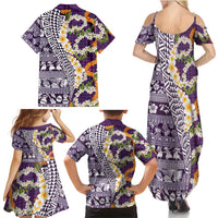 Hawaiian Plumeria Lei Family Matching Summer Maxi Dress and Hawaiian Shirt Kakau Motifs and Palaka Half Style Purple Color LT03 - Polynesian Pride