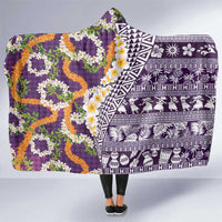 Hawaiian Plumeria Lei Hooded Blanket Kakau Motifs and Palaka Half Style Purple Color LT03 One Size Purple - Polynesian Pride