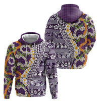 Hawaiian Plumeria Lei Hoodie Kakau Motifs and Palaka Half Style Purple Color LT03 - Polynesian Pride