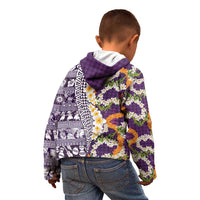 Hawaiian Plumeria Lei Kid Hoodie Kakau Motifs and Palaka Half Style Purple Color LT03 - Polynesian Pride