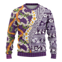 Hawaiian Plumeria Lei Ugly Christmas Sweater Kakau Motifs and Palaka Half Style Purple Color LT03 - Polynesian Pride