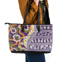 Hawaiian Plumeria Lei Leather Tote Bag Kakau Motifs and Palaka Half Style Purple Color LT03 - Polynesian Pride