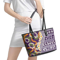 Hawaiian Plumeria Lei Leather Tote Bag Kakau Motifs and Palaka Half Style Purple Color LT03 - Polynesian Pride