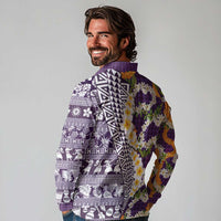 Hawaiian Plumeria Lei Long Sleeve Polo Shirt Kakau Motifs and Palaka Half Style Purple Color LT03 - Polynesian Pride
