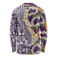 Hawaiian Plumeria Lei Long Sleeve Shirt Kakau Motifs and Palaka Half Style Purple Color LT03 - Polynesian Pride