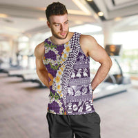 Hawaiian Plumeria Lei Men Tank Top Kakau Motifs and Palaka Half Style Purple Color LT03 Purple - Polynesian Pride