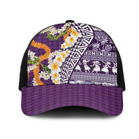 Hawaiian Plumeria Lei Mesh Trucker Cap Kakau Motifs and Palaka Half Style Purple Color LT03 One Size Black Purple - Polynesian Pride