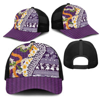 Hawaiian Plumeria Lei Mesh Trucker Cap Kakau Motifs and Palaka Half Style Purple Color LT03 - Polynesian Pride