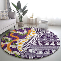 Hawaiian Plumeria Lei Round Carpet Kakau Motifs and Palaka Half Style Purple Color LT03 - Polynesian Pride