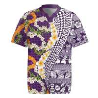 Hawaiian Plumeria Lei Rugby Jersey Kakau Motifs and Palaka Half Style Purple Color LT03 Purple - Polynesian Pride