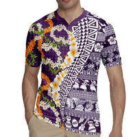 Hawaiian Plumeria Lei Rugby Jersey Kakau Motifs and Palaka Half Style Purple Color LT03 - Polynesian Pride
