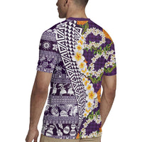 Hawaiian Plumeria Lei Rugby Jersey Kakau Motifs and Palaka Half Style Purple Color LT03 - Polynesian Pride