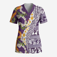 Hawaiian Plumeria Lei Scrub Top Kakau Motifs and Palaka Half Style Purple Color LT03 Adult Purple - Polynesian Pride