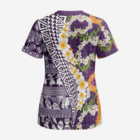 Hawaiian Plumeria Lei Scrub Top Kakau Motifs and Palaka Half Style Purple Color LT03 - Polynesian Pride