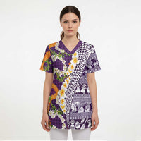 Hawaiian Plumeria Lei Scrub Top Kakau Motifs and Palaka Half Style Purple Color LT03 - Polynesian Pride