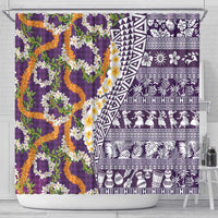 Hawaiian Plumeria Lei Shower Curtain Kakau Motifs and Palaka Half Style Purple Color LT03 - Polynesian Pride