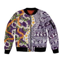 Hawaiian Plumeria Lei Sleeve Zip Bomber Jacket Kakau Motifs and Palaka Half Style Purple Color LT03 Unisex Purple - Polynesian Pride