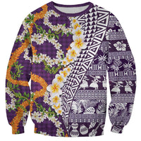 Hawaiian Plumeria Lei Sweatshirt Kakau Motifs and Palaka Half Style Purple Color LT03 Unisex Purple - Polynesian Pride