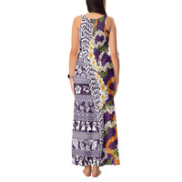 Hawaiian Plumeria Lei Tank Maxi Dress Kakau Motifs and Palaka Half Style Purple Color LT03 - Polynesian Pride