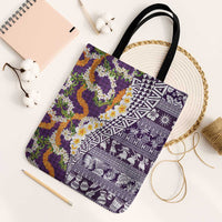 Hawaiian Plumeria Lei Tote Bag Kakau Motifs and Palaka Half Style Purple Color LT03 Black Strap One Size Purple - Polynesian Pride