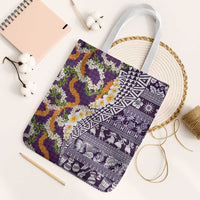 Hawaiian Plumeria Lei Tote Bag Kakau Motifs and Palaka Half Style Purple Color LT03 White Strap One Size Purple - Polynesian Pride
