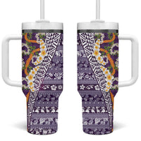 Hawaiian Plumeria Lei Tumbler With Handle Kakau Motifs and Palaka Half Style Purple Color LT03 One Size: 40 oz Purple - Polynesian Pride