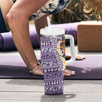 Hawaiian Plumeria Lei Tumbler With Handle Kakau Motifs and Palaka Half Style Purple Color LT03 - Polynesian Pride