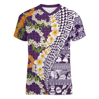 Hawaiian Plumeria Lei Women V-Neck T-Shirt Kakau Motifs and Palaka Half Style Purple Color LT03 Female Purple - Polynesian Pride