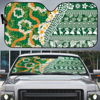 Hawaiian Plumeria Lei Auto Sun Shade Kakau Motifs and Palaka Half Style Green Color LT03 Green - Polynesian Pride