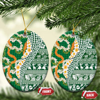 Hawaiian Plumeria Lei Ceramic Ornament Kakau Motifs and Palaka Half Style Green Color LT03 Oval Green - Polynesian Pride