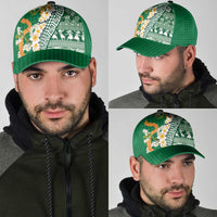 Hawaiian Plumeria Lei Classic Cap Kakau Motifs and Palaka Half Style Green Color - Polynesian Pride