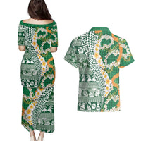 Hawaiian Plumeria Lei Couples Matching Puletasi and Hawaiian Shirt Kakau Motifs and Palaka Half Style Green Color LT03 - Polynesian Pride