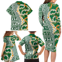 Hawaiian Plumeria Lei Family Matching Long Sleeve Bodycon Dress and Hawaiian Shirt Kakau Motifs and Palaka Half Style Green Color LT03 - Polynesian Pride