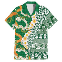 Hawaiian Plumeria Lei Family Matching Off Shoulder Maxi Dress and Hawaiian Shirt Kakau Motifs and Palaka Half Style Green Color LT03 Dad's Shirt - Short Sleeve Green - Polynesian Pride