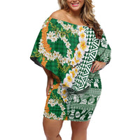 Hawaiian Plumeria Lei Family Matching Off Shoulder Short Dress and Hawaiian Shirt Kakau Motifs and Palaka Half Style Green Color LT03 Mom's Dress Green - Polynesian Pride