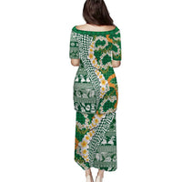 Hawaiian Plumeria Lei Family Matching Puletasi and Hawaiian Shirt Kakau Motifs and Palaka Half Style Green Color LT03 - Polynesian Pride