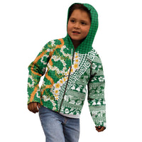 Hawaiian Plumeria Lei Kid Hoodie Kakau Motifs and Palaka Half Style Green Color LT03 - Polynesian Pride