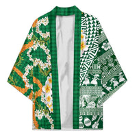 Hawaiian Plumeria Lei Kimono Kakau Motifs and Palaka Half Style Green Color LT03 Unisex Green - Polynesian Pride