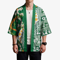 Hawaiian Plumeria Lei Kimono Kakau Motifs and Palaka Half Style Green Color LT03 - Polynesian Pride